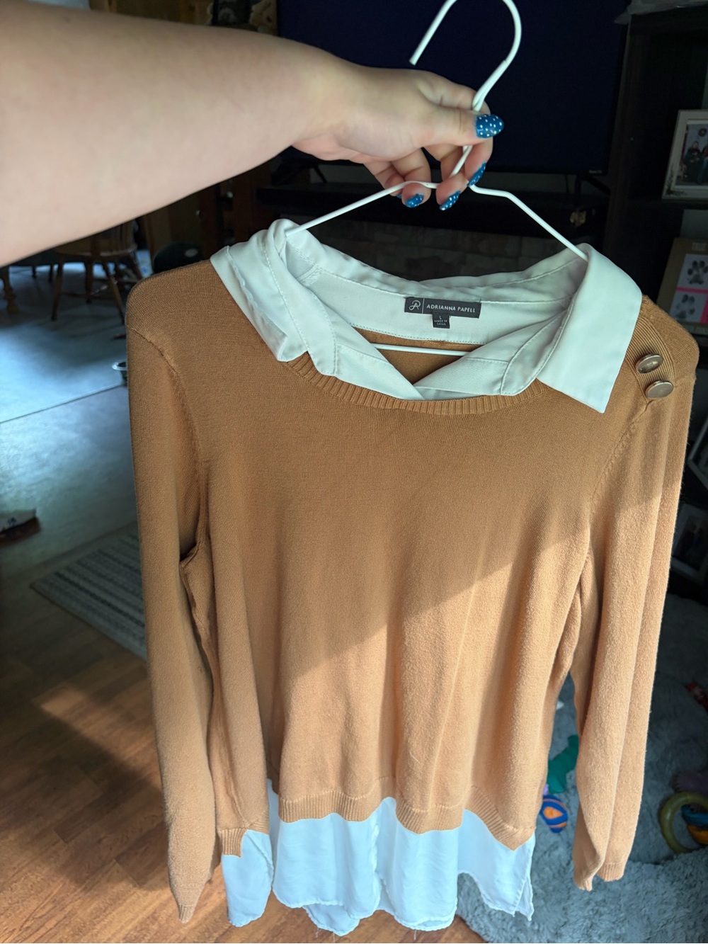 Adrianna Papell Camel Sweater with White Faux-Layered Collar
